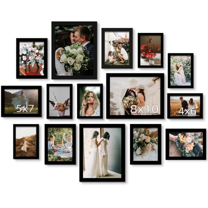 BESCRCL 15 Pack Real Glass Picture Frames Collage Wall Decor, Including 3pcs 8x10, 6pcs 5x7, 6pcs 4x6 Photo Frames for Gallery Wall or Tabletop Display, Black