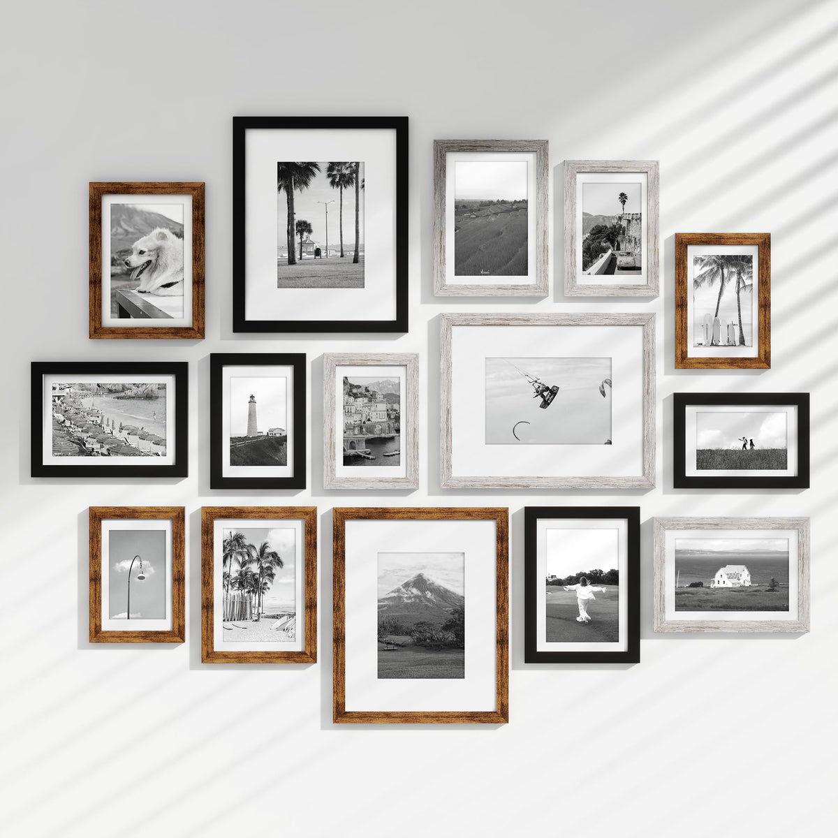 Venusmiles 15 Pack Picture Frames Collage Wall Decor, Gallery Frame Set for Wall Mounting or Tabletop Display, Multi Sizes Including 3pcs 8x10, 6pcs 5x7, 6pcs 4x6, Oak