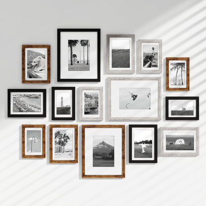 Venusmiles 15 Pack Picture Frames Collage Wall Decor, Gallery Frame Set for Wall Mounting or Tabletop Display, Multi Sizes Including 3pcs 8x10, 6pcs 5x7, 6pcs 4x6, Oak