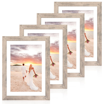 iRahmen 8x10 Picture Frame Set of 4, High Definition Real Glass Rustic Brown Frame, 8 x 10 Wood Photo Frames for Desktop Display and Wall Mounting