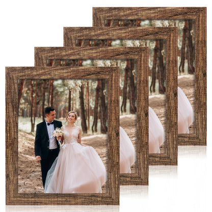 iRahmen 8x10 Picture Frame Set of 4, High Definition Real Glass Rustic Brown Frame, 8 x 10 Wood Photo Frames for Desktop Display and Wall Mounting