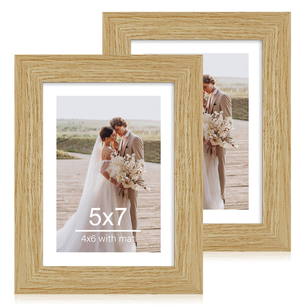 Hongkee 5x7 Picture Frame Set of 2, Real Glass and Wood Frame for Mat 4x6