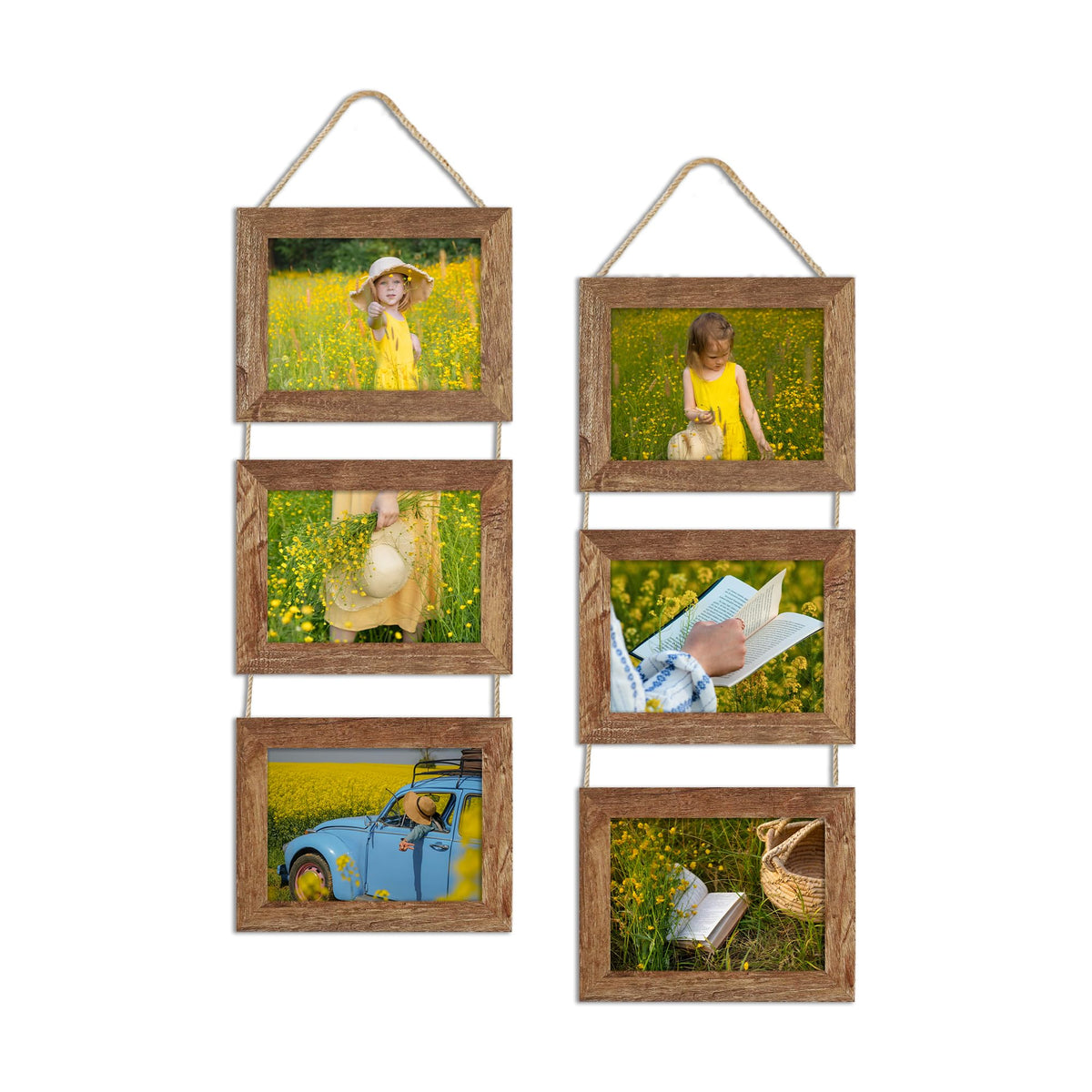 4x6 Collage Picture Frames Set of 2, Rustic Wooden Real Glass Vertical Hanging 3 Opening 4 by 6 Photo Frame, Rustic Brown