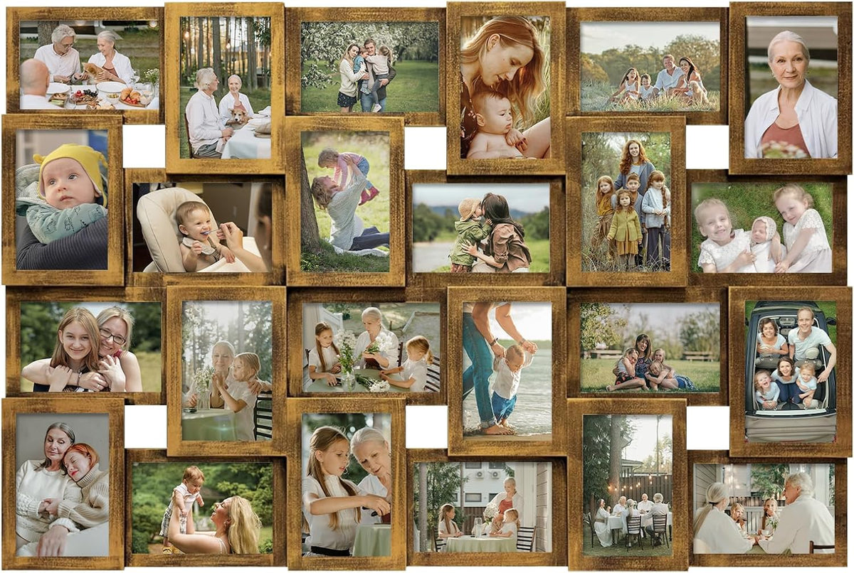 J.M.Deco Collage Picture Frames for Wall 24 Slots, Large Photo Frame Collage Wall Hanging for 4 x 6 Photo, Christmas Gift for Family or Friends - Retro Gold
