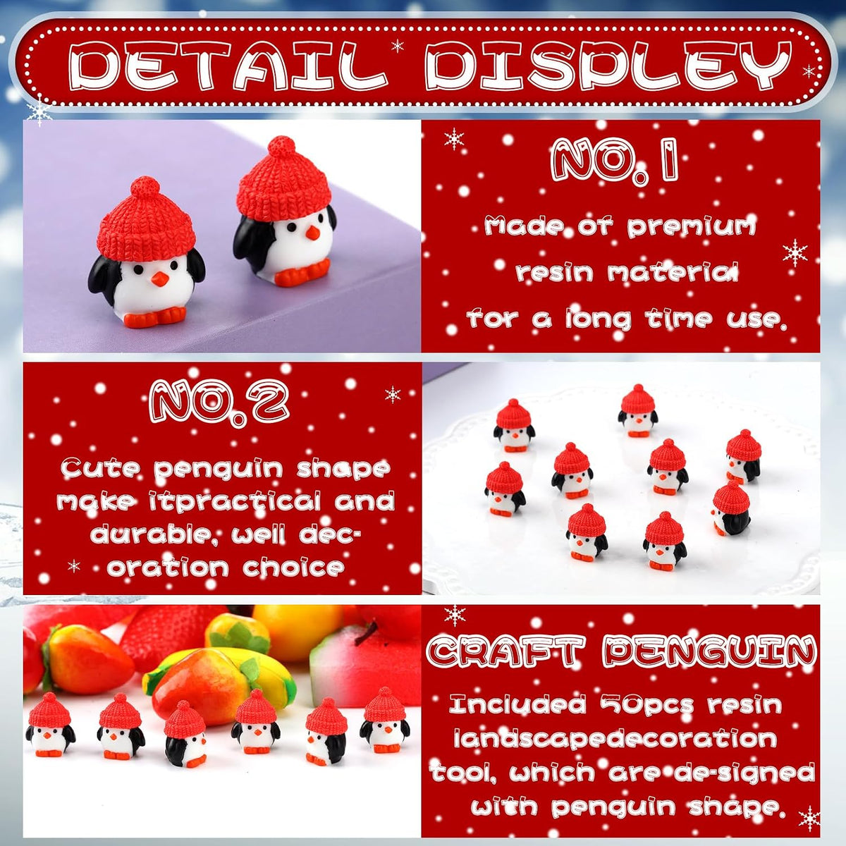 Soulchen 50 Pcs Mini Penguin Figurines Red Hat Resin Christmas Decor