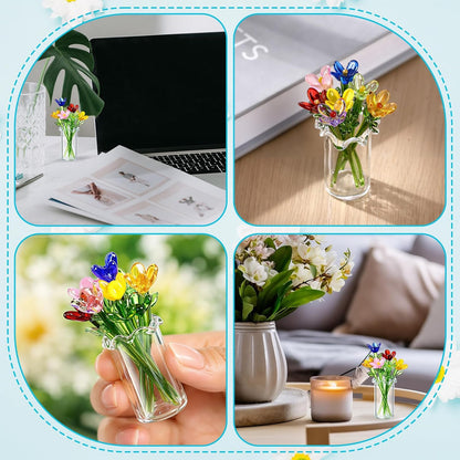 8 Pcs Mini Glass Flowers with Vase Set Small Crystal Bouquet
