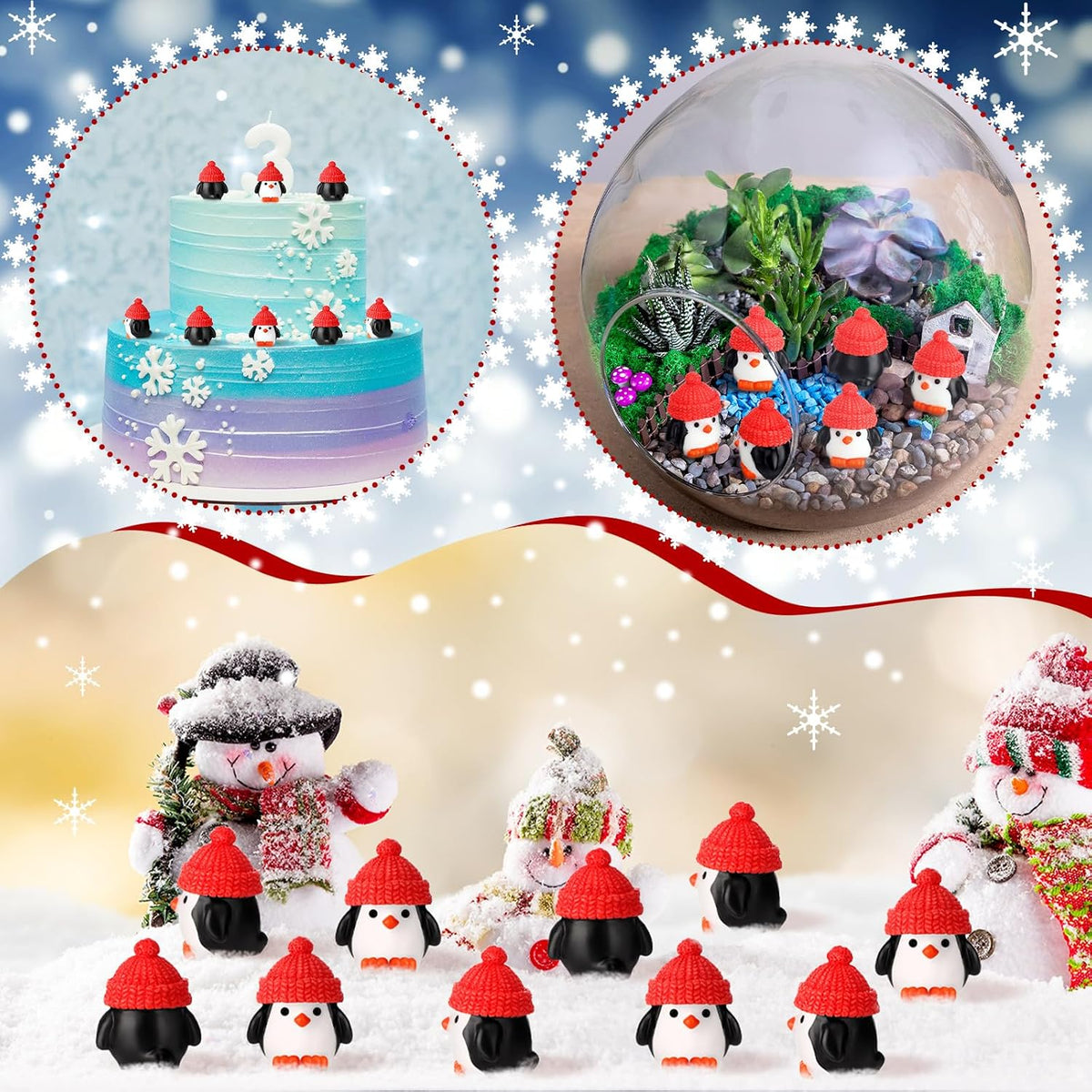 Soulchen 50 Pcs Mini Penguin Figurines Red Hat Resin Christmas Decor