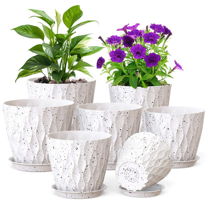 Meowell 4 inch Small Plastic Nursery Pots, 5 Pack Water Ripples Plant Pots for Indoor Plants, Flower Pots with Drainage Holes and Saucers, Seedling Starter Planters for Succulent Plants, White