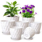 Meowell 4 inch Small Plastic Nursery Pots, 5 Pack Water Ripples Plant Pots for Indoor Plants, Flower Pots with Drainage Holes and Saucers, Seedling Starter Planters for Succulent Plants, White