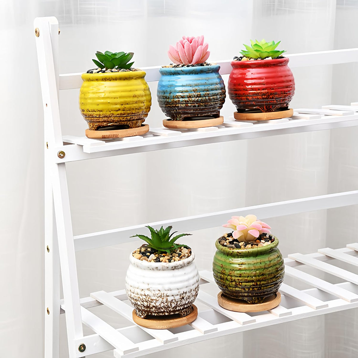 3.5 Inch Ceramic Succulent Planter Pot with Drainage Hole & Bamboo Tray - Mini Round Small Plant Pot for Indoor Desktop, Cactus Flower Container (Plant and Soil Not Included)，White