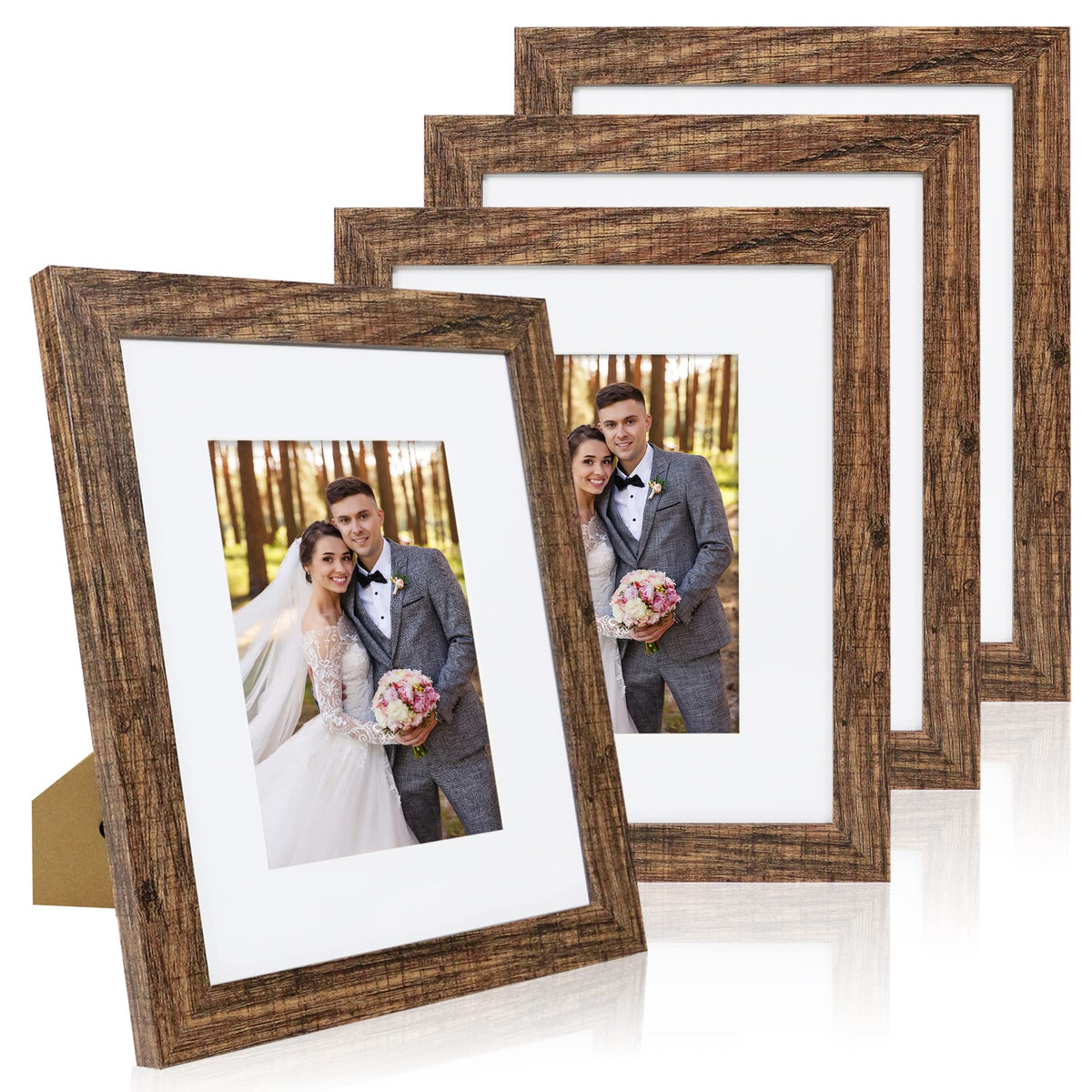 Hongkee 8x10 Picture Frame Set of 4, Real Glass and Wood Frame, 5x7 Mat