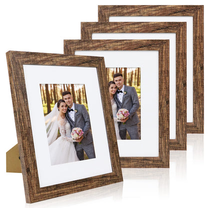 Hongkee 8x10 Picture Frame Set of 4, Real Glass and Wood Frame, 5x7 Mat