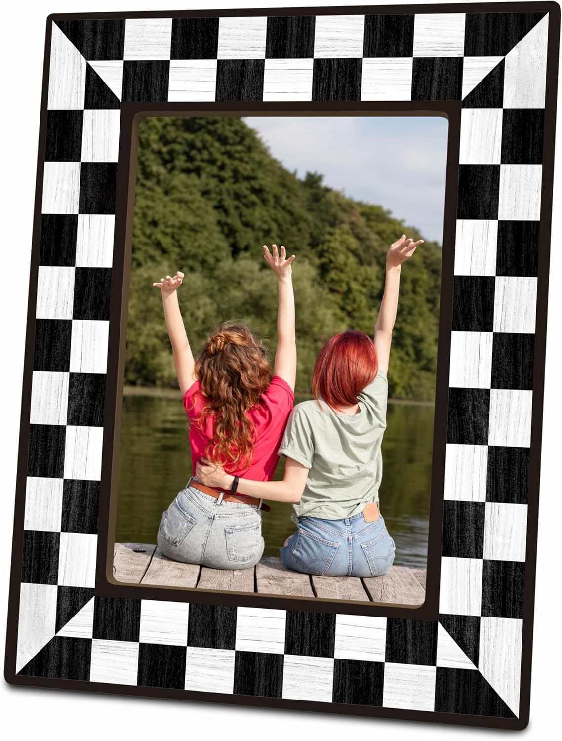 Black Checkerboard Picture Frame 4x6, Modern Wooden Photo Frame with Stand, Aesthetic Room Decor for Bedroom, Dorm Room, Apartment & Office (A02)