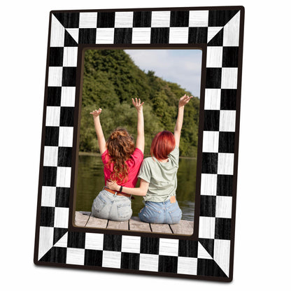Black Checkerboard Picture Frame 4x6, Modern Wooden Photo Frame with Stand, Aesthetic Room Decor for Bedroom, Dorm Room, Apartment & Office (A02)