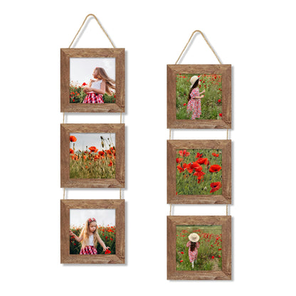 4x6 Collage Picture Frames Set of 2, Rustic Wooden Real Glass Vertical Hanging 3 Opening 4 by 6 Photo Frame, Rustic Brown