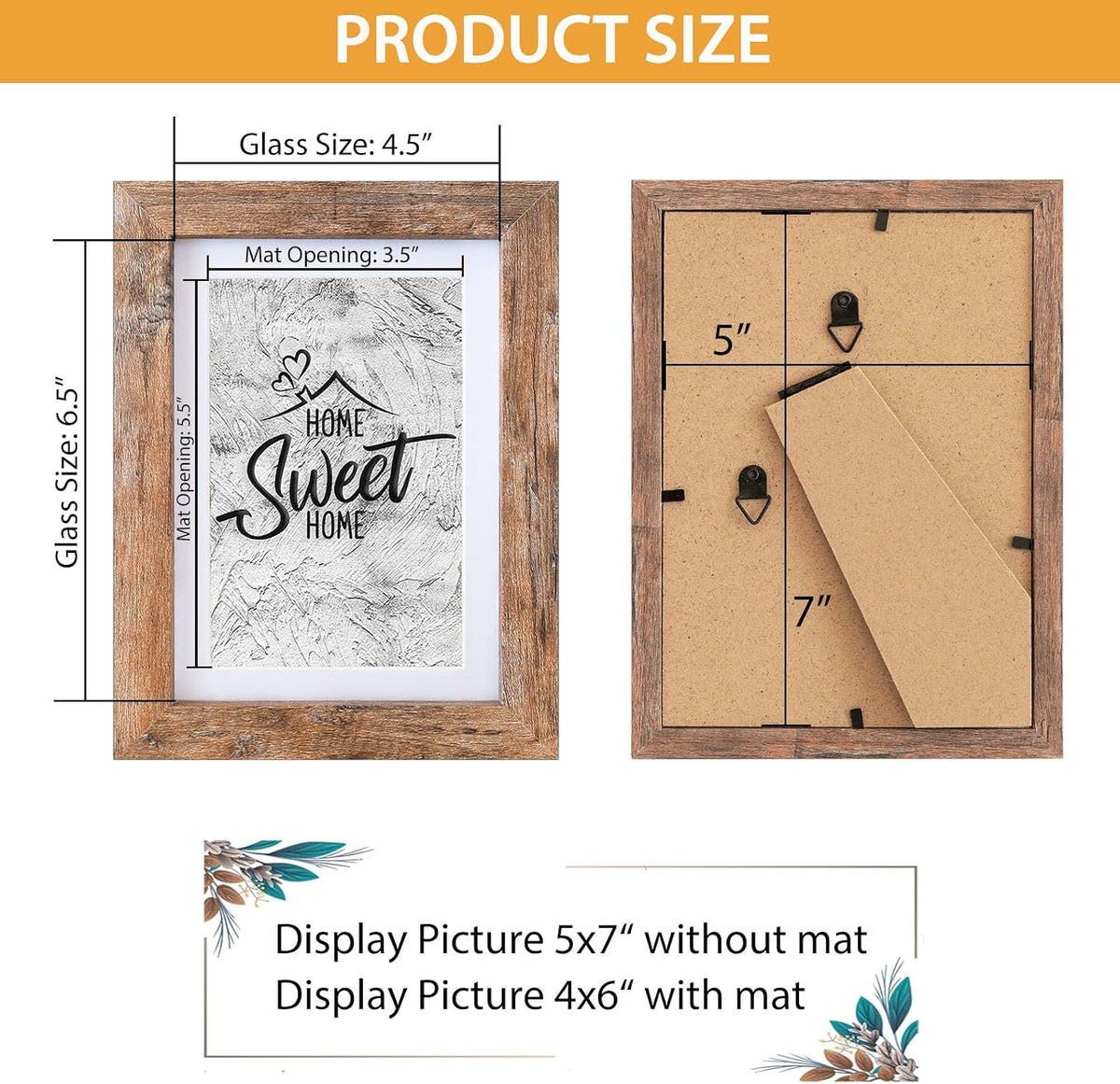 Califortree 5x7 Picture Frame - Can Display Photo 4x6 with Mat, Wood Frame with Shatterproof Plexiglass, Wall & Tabletop Display, Rustic Brown