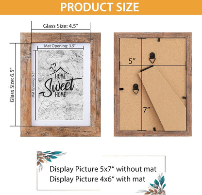 Califortree 5x7 Picture Frame - Can Display Photo 4x6 with Mat, Wood Frame with Shatterproof Plexiglass, Wall & Tabletop Display, Rustic Brown