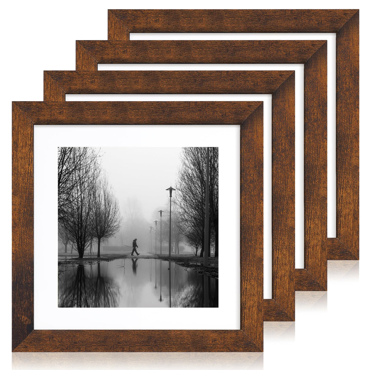 iRahmen 8x10 Picture Frame Set of 4, High Definition Real Glass Rustic Brown Frame, 8 x 10 Wood Photo Frames for Desktop Display and Wall Mounting