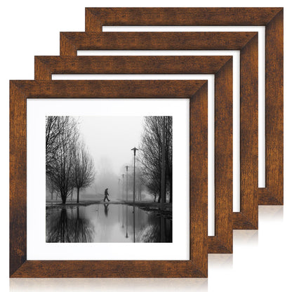 iRahmen 8x10 Picture Frame Set of 4, High Definition Real Glass Rustic Brown Frame, 8 x 10 Wood Photo Frames for Desktop Display and Wall Mounting