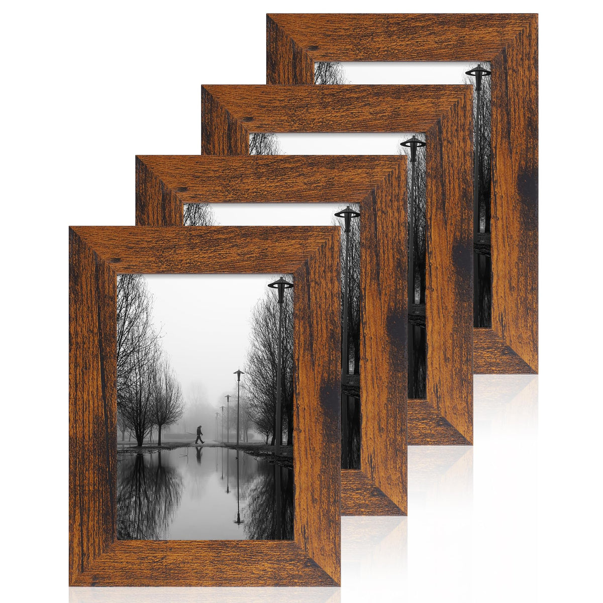 iRahmen 8x10 Picture Frame Set of 4, High Definition Real Glass Rustic Brown Frame, 8 x 10 Wood Photo Frames for Desktop Display and Wall Mounting
