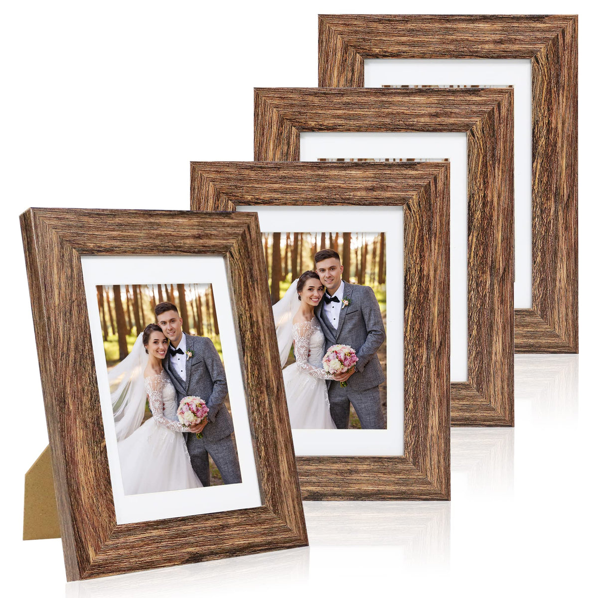 Hongkee 8x10 Picture Frame Set of 4, Real Glass and Wood Frame, 5x7 Mat