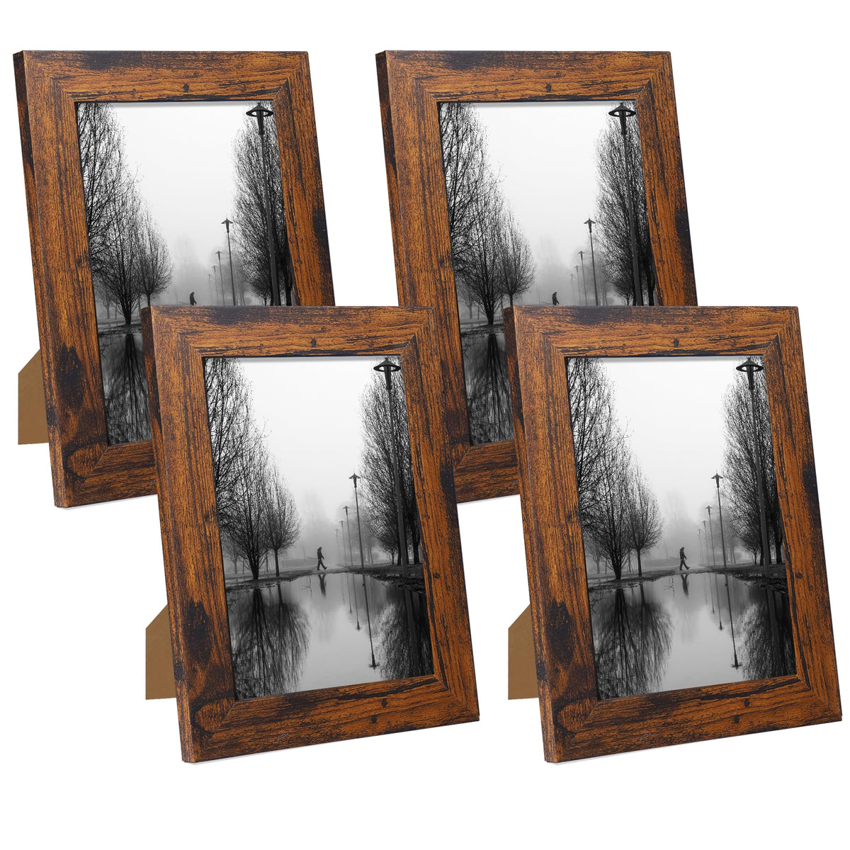 iRahmen 8x10 Picture Frame Set of 4, High Definition Real Glass Rustic Brown Frame, 8 x 10 Wood Photo Frames for Desktop Display and Wall Mounting