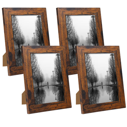 iRahmen 8x10 Picture Frame Set of 4, High Definition Real Glass Rustic Brown Frame, 8 x 10 Wood Photo Frames for Desktop Display and Wall Mounting