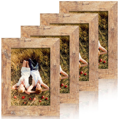 iRahmen 8x10 Picture Frame Set of 4, High Definition Real Glass Rustic Brown Frame, 8 x 10 Wood Photo Frames for Desktop Display and Wall Mounting