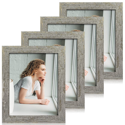 iRahmen 8x10 Picture Frame Set of 4, High Definition Real Glass Rustic Brown Frame, 8 x 10 Wood Photo Frames for Desktop Display and Wall Mounting