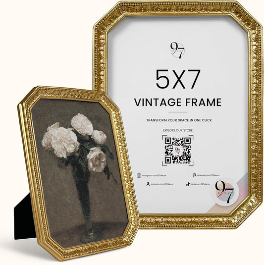 97 Decor 5x7 Vintage Picture Frame - Gold Antique Frame 5x7, Ornate Frames 5 X 7 With Glass Front For Tabletop Photo Display And Wall Hanging, Victorian Poster Frame 5 By 7