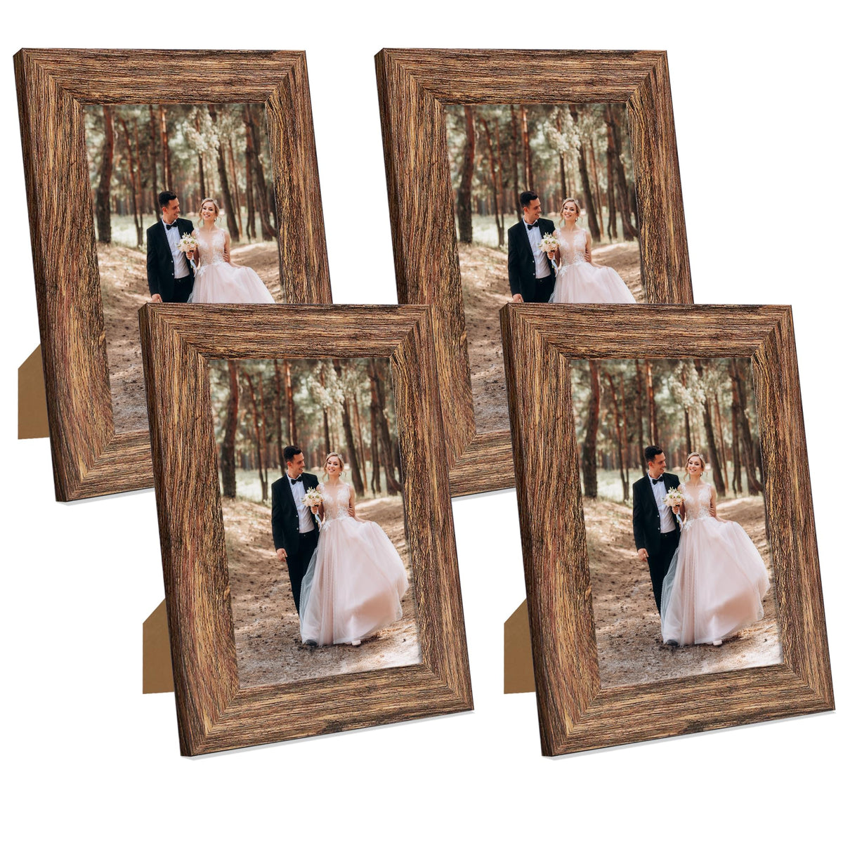 iRahmen 8x10 Picture Frame Set of 4, High Definition Real Glass Rustic Brown Frame, 8 x 10 Wood Photo Frames for Desktop Display and Wall Mounting