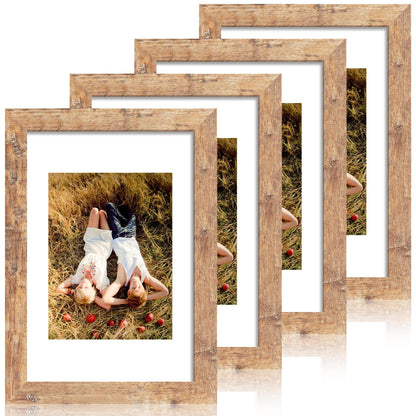 iRahmen 8x10 Picture Frame Set of 4, High Definition Real Glass Rustic Brown Frame, 8 x 10 Wood Photo Frames for Desktop Display and Wall Mounting