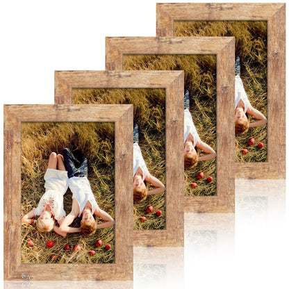 iRahmen 8x10 Picture Frame Set of 4, High Definition Real Glass Rustic Brown Frame, 8 x 10 Wood Photo Frames for Desktop Display and Wall Mounting