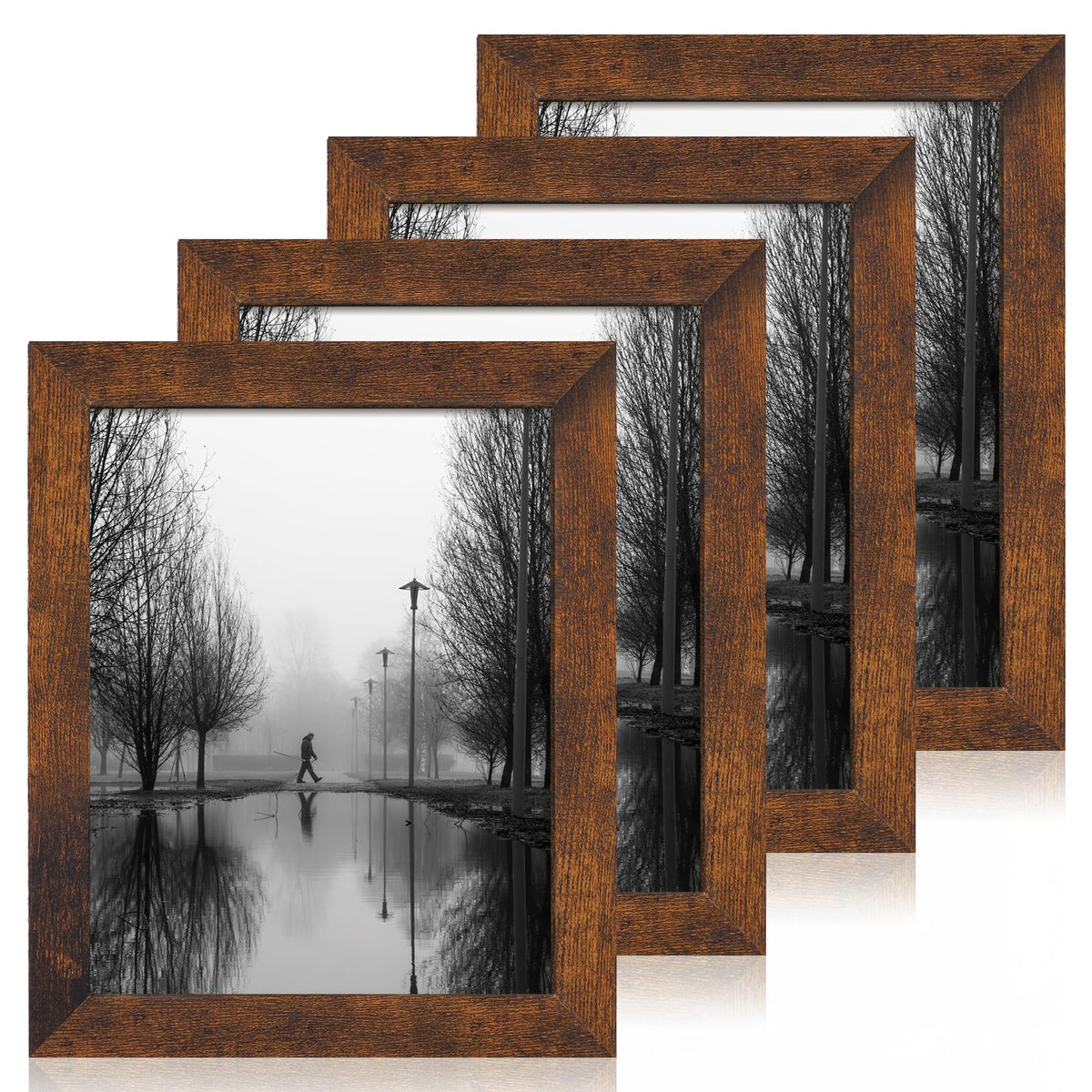 iRahmen 8x10 Picture Frame Set of 4, High Definition Real Glass Rustic Brown Frame, 8 x 10 Wood Photo Frames for Desktop Display and Wall Mounting