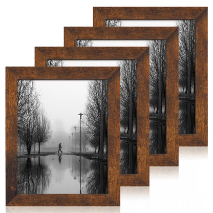 iRahmen 8x10 Picture Frame Set of 4, High Definition Real Glass Rustic Brown Frame, 8 x 10 Wood Photo Frames for Desktop Display and Wall Mounting