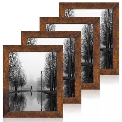 iRahmen 8x10 Picture Frame Set of 4, High Definition Real Glass Rustic Brown Frame, 8 x 10 Wood Photo Frames for Desktop Display and Wall Mounting