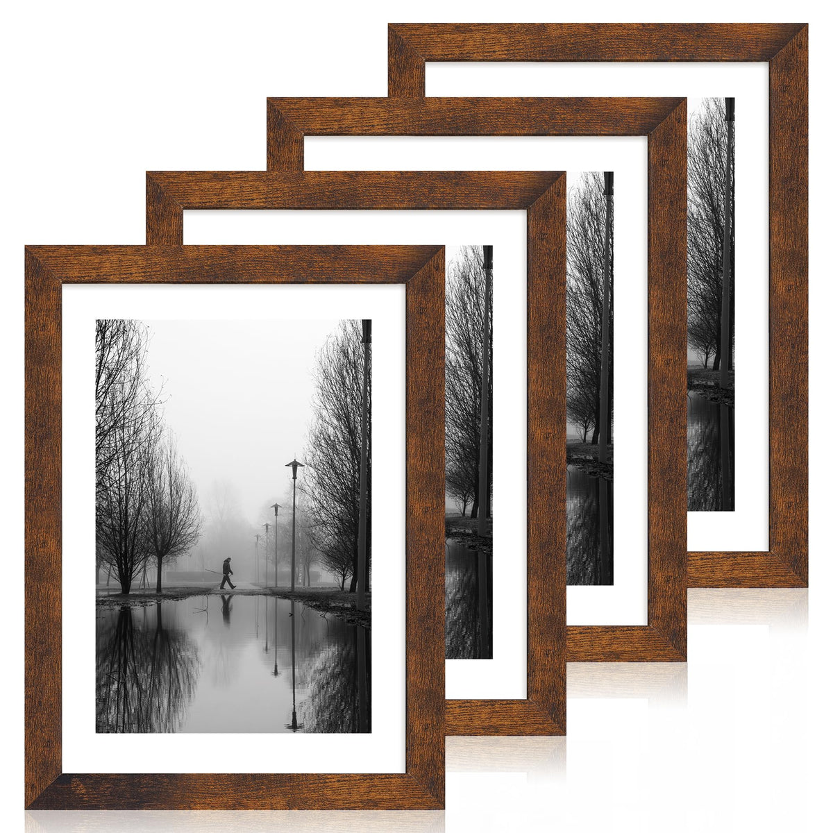 iRahmen 8x10 Picture Frame Set of 4, High Definition Real Glass Rustic Brown Frame, 8 x 10 Wood Photo Frames for Desktop Display and Wall Mounting