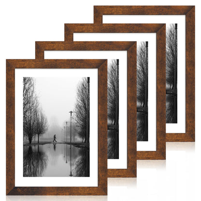 iRahmen 8x10 Picture Frame Set of 4, High Definition Real Glass Rustic Brown Frame, 8 x 10 Wood Photo Frames for Desktop Display and Wall Mounting