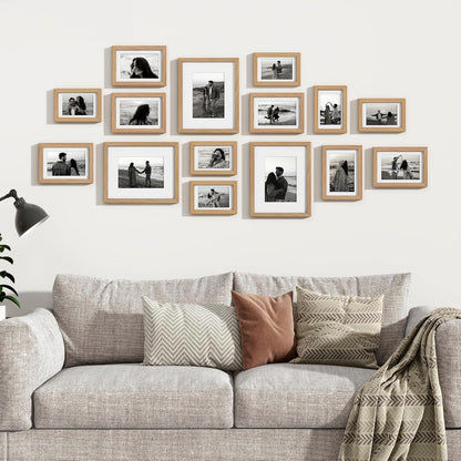 Venusmiles 15 Pack Picture Frames Collage Wall Decor, Gallery Frame Set for Wall Mounting or Tabletop Display, Multi Sizes Including 3pcs 8x10, 6pcs 5x7, 6pcs 4x6, Oak