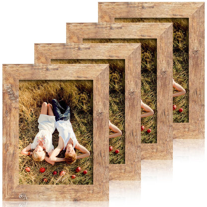 iRahmen 8x10 Picture Frame Set of 4, High Definition Real Glass Rustic Brown Frame, 8 x 10 Wood Photo Frames for Desktop Display and Wall Mounting