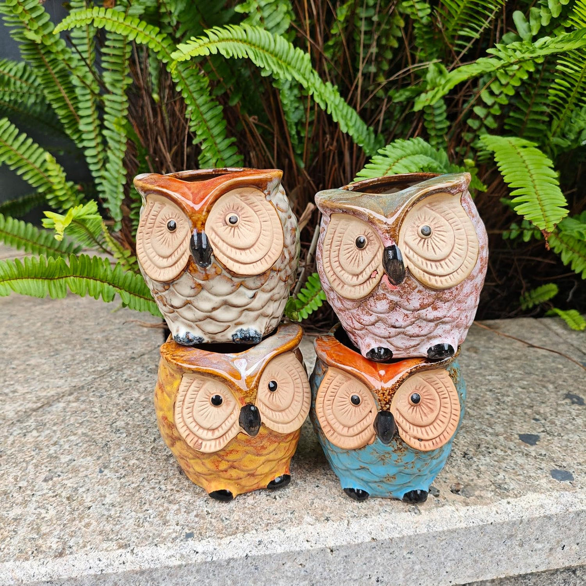 Mini 3.5 Inch Ceramic Owl Planter Pot with Drainage Hole & Bamboo Tray – Small Hand-Painted Animal Flower Pot for Succulent, Cactus, Desktop Decor, Plant Lovers Gift (No Plants/Soil)，Blue