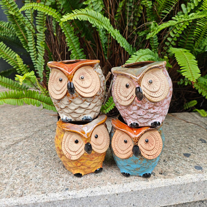 Mini 3.5 Inch Ceramic Owl Planter Pot with Drainage Hole & Bamboo Tray – Small Hand-Painted Animal Flower Pot for Succulent, Cactus, Desktop Decor, Plant Lovers Gift (No Plants/Soil)，Blue