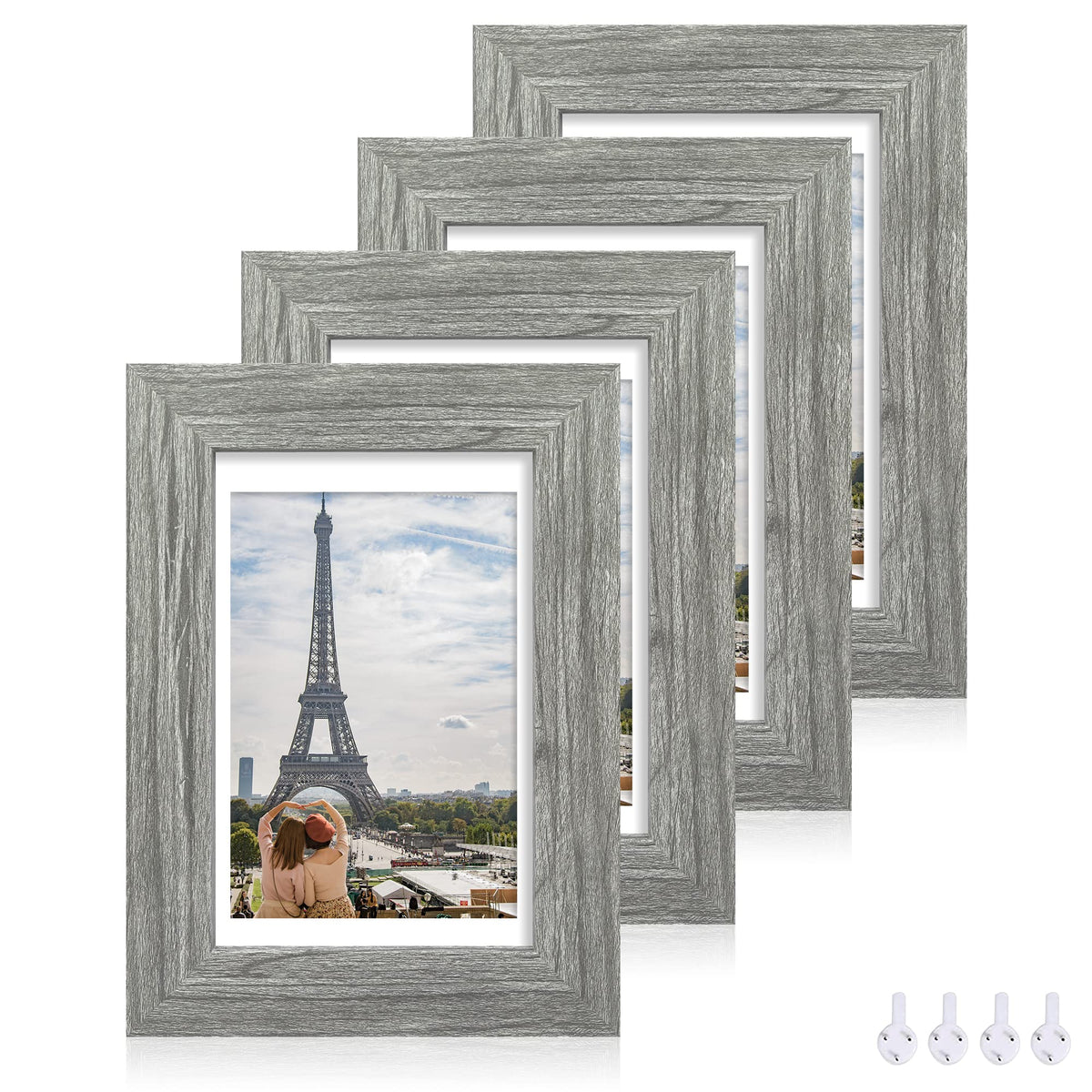 Hongkee 8x10 Picture Frame Set of 4, Real Glass and Wood Frame, 5x7 Mat